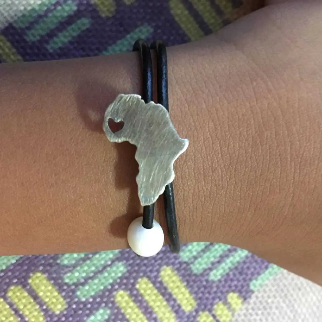 Africa Map Silver Bracelet With Pearl