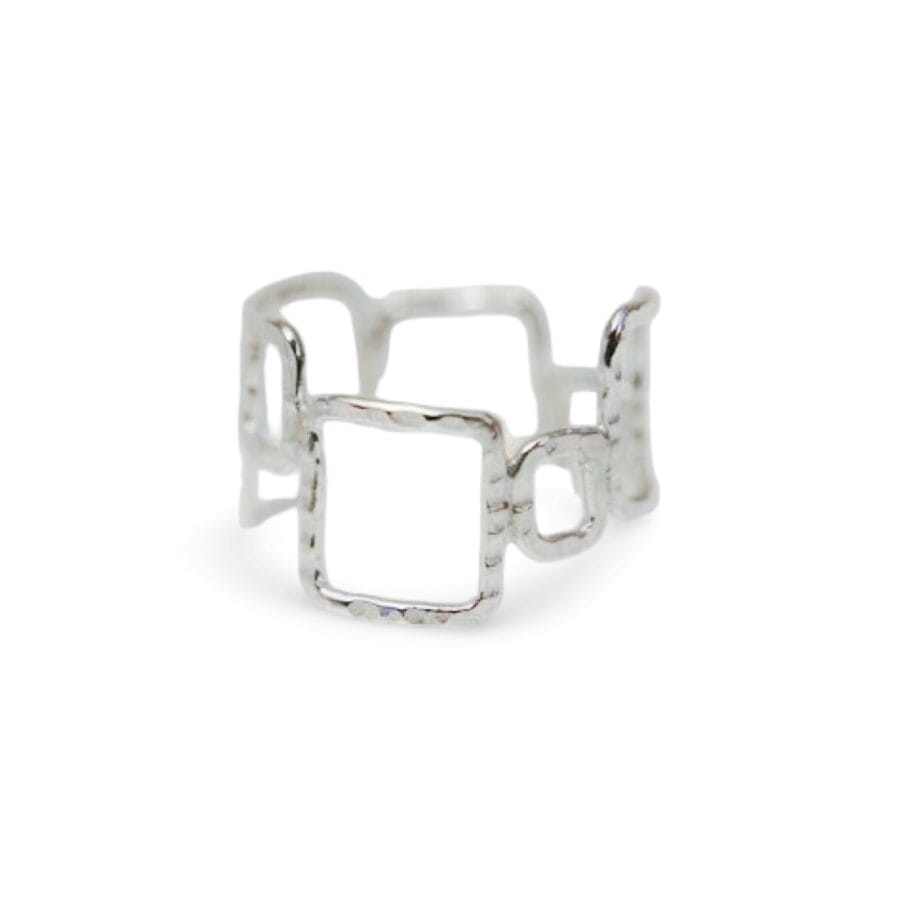 This one-of-a-kind handmade Asymmetric Square ring features an elegant arrangement of uneven silver squares crafted from textured sterling silver wire.