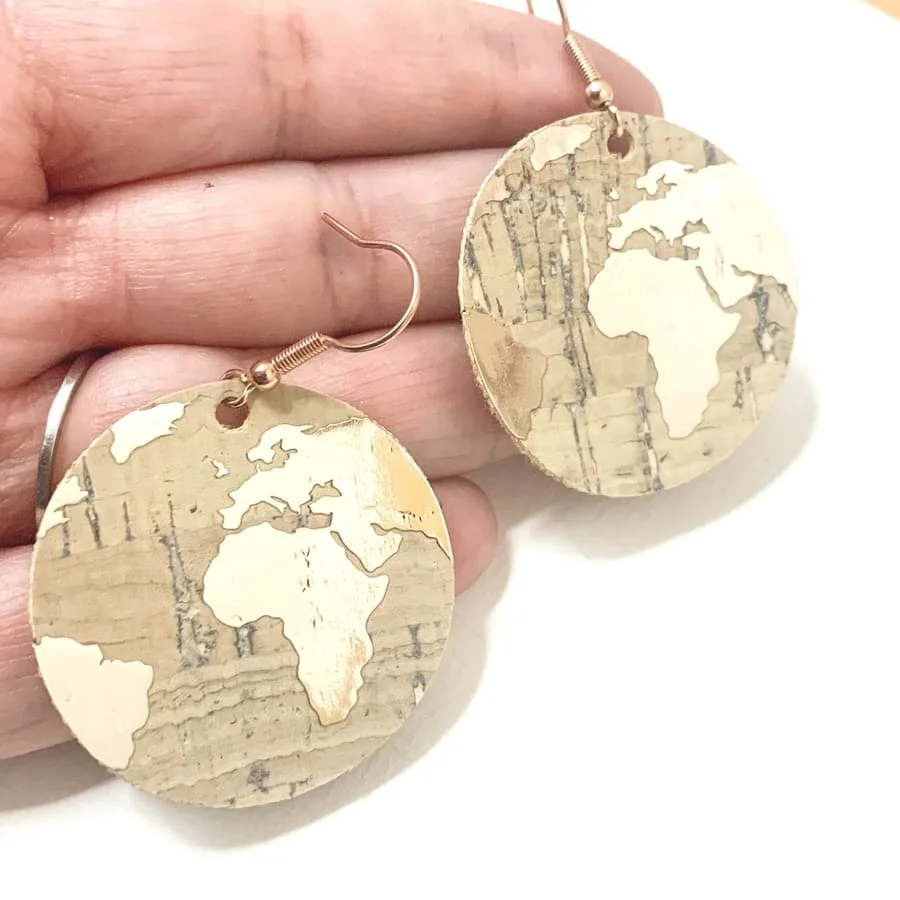 World Map Earrings Handmade With Cork By Africandreamland Jewelry Detail