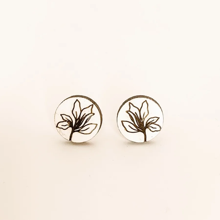 Wooden Earrings With Flower Handmade White
