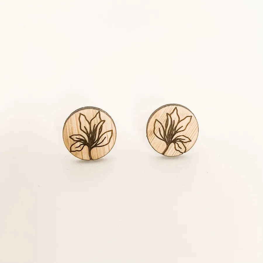 Wooden Earrings With Flower Handmade In Barcelona