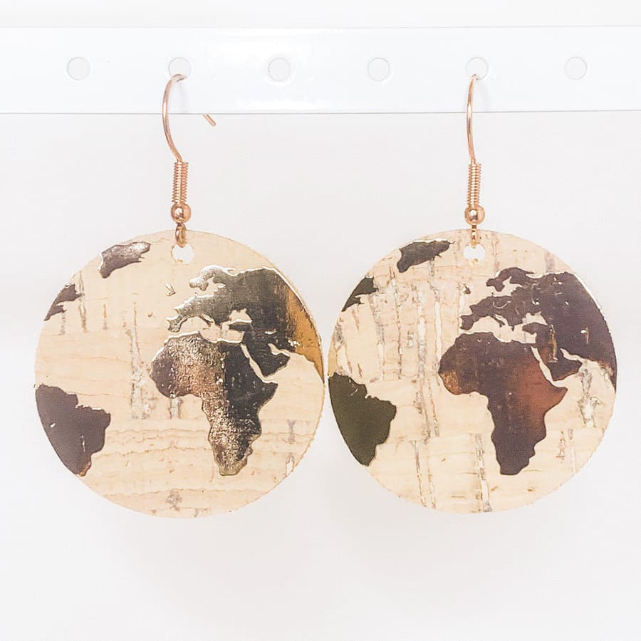 Dangle World map earrings handmade in cork by AfricanDreamland Jewelry