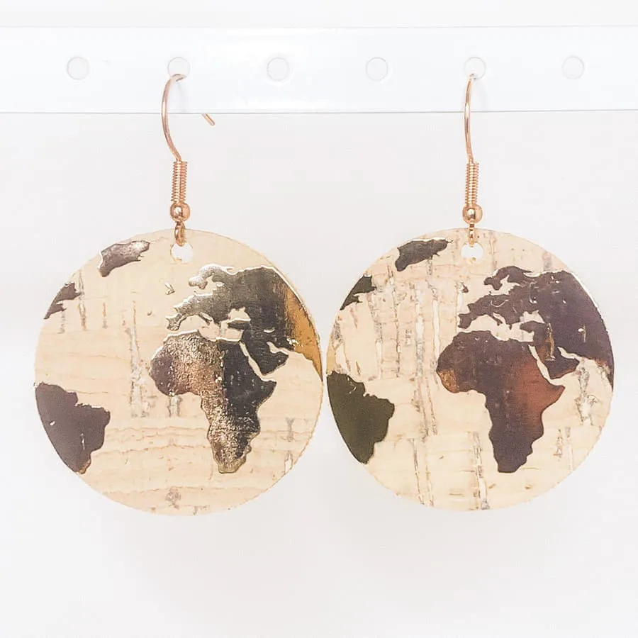 Dangle World map earrings handmade in cork by AfricanDreamland Jewelry