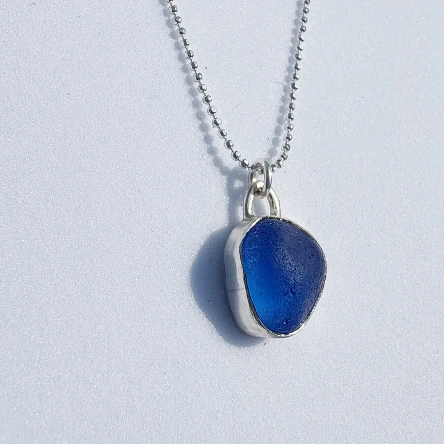 Blue Sea Glass Bezel Necklace with heart