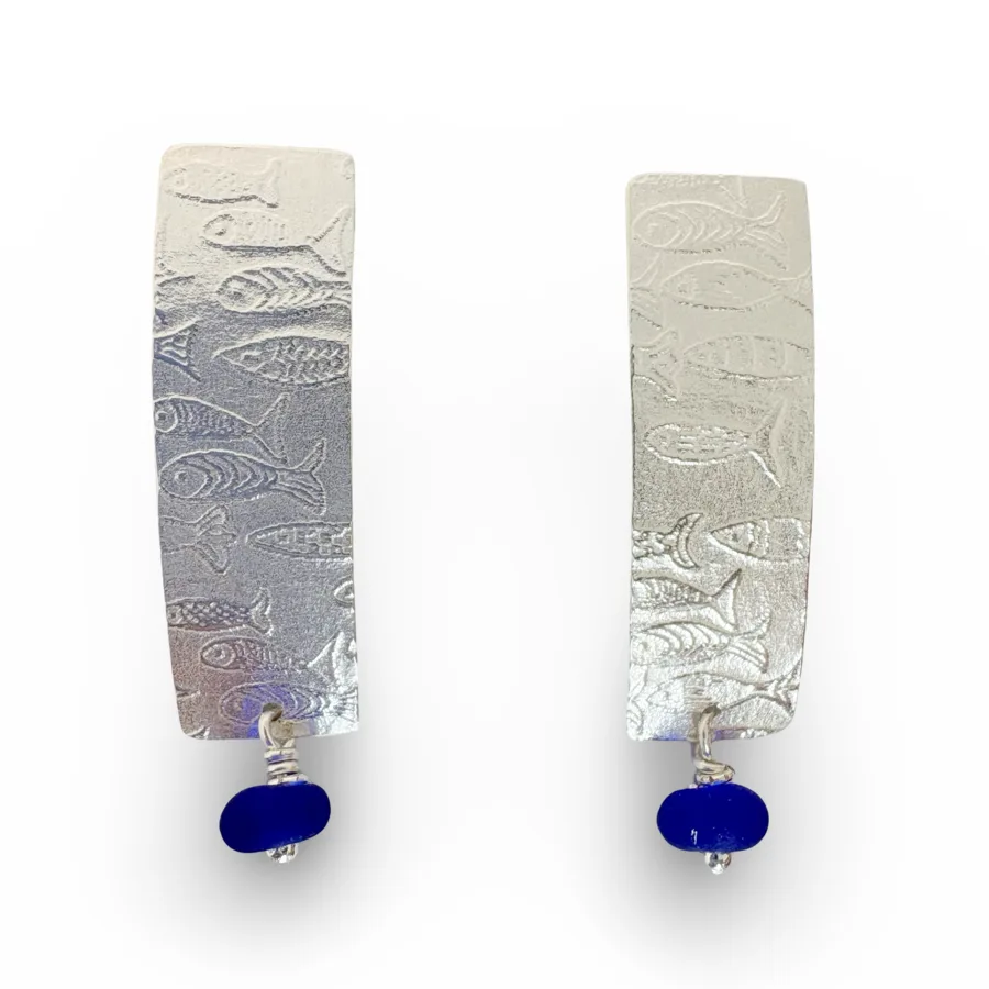 Dangle Fish Earrings with Blue Sea Glass 2 by AfricanDreamland Dangle fish earrings handmade by AfricanDreamland