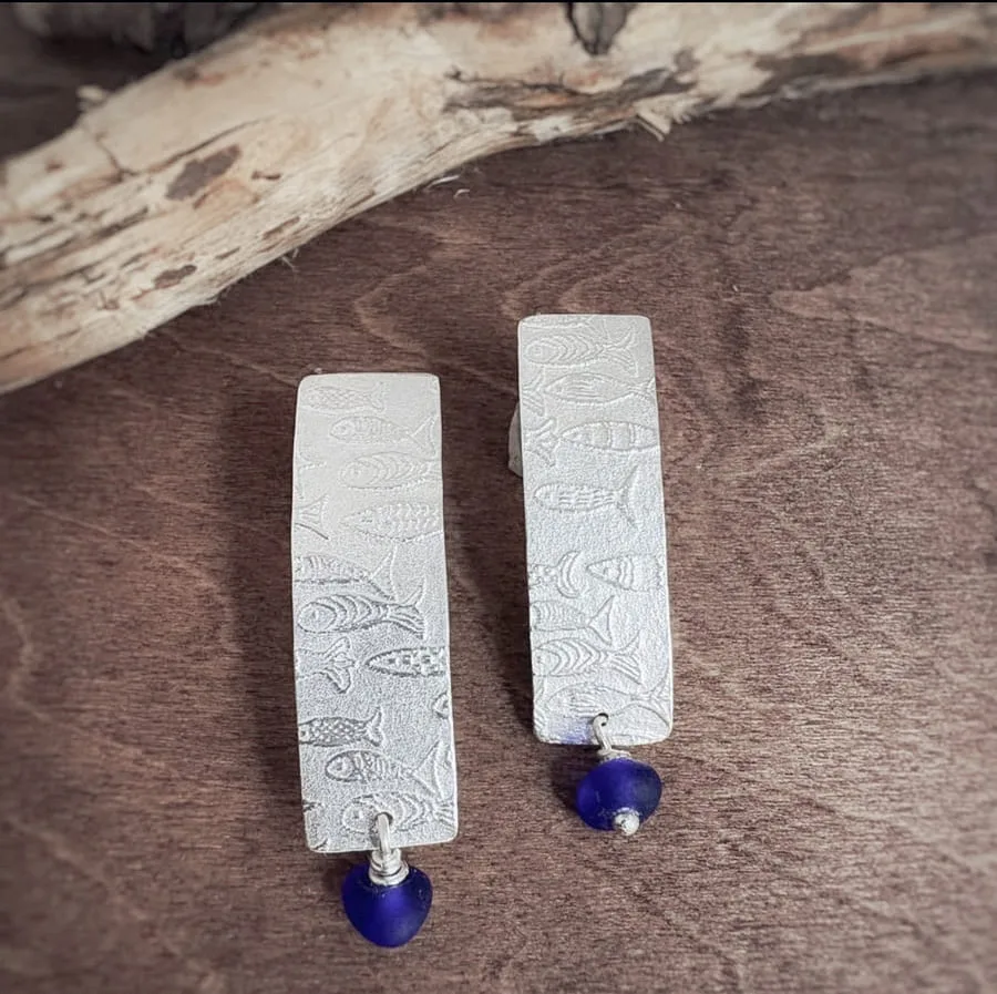 Dangle Fish Earrings with Blue Sea Glass 1 by AfricanDreamland Dangle fish earringsafricandreamland barcelona