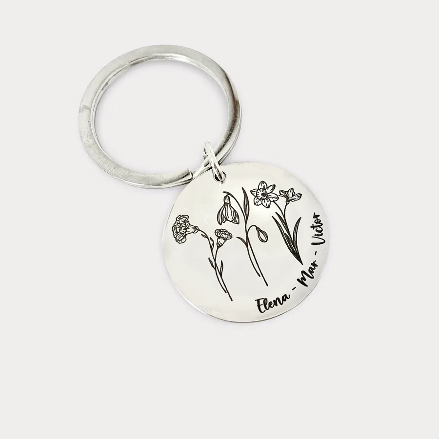 Personalized Birth Flower Keychain 1 By Africandreamland Round Stainless Steel Birth Flower Keychain By Africandramland