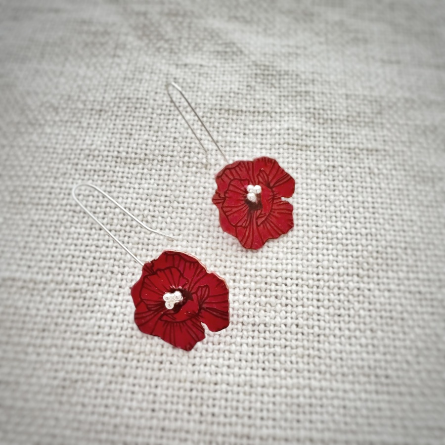 Handcrafted Red Poppy Earrings Made With Copper, Low-Temperature Enamels And Sterling Silver Hooks. A Contemporary Floral Design Inspired By The Beauty Of Nature.