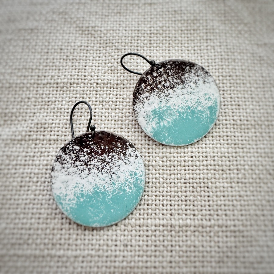Handcrafted Long Round Turquoise Earrings Made With Copper, Low-Temperature Enamels And Sterling Silver Hooks. A Unique Blend Of Turquoise, Grey And White Tones For An Elegant Contemporary Look.