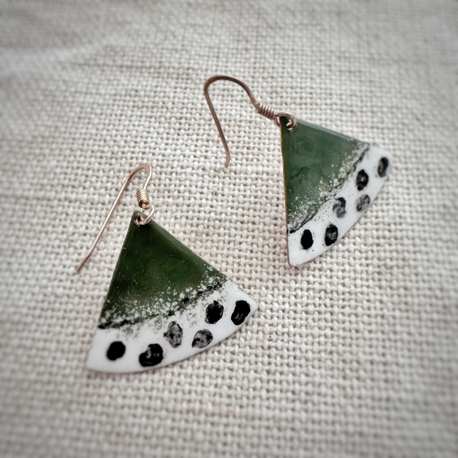 Handcrafted green fan earrings made with copper, low-temperature enamels and sterling silver hooks. Contemporary artisan jewelry with textured abstract details.
